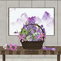 Basket with Purple and Pink Flowers on Wooden Table Painting Purple Mountains Flying Birds