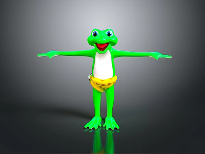 Cartoon Green Frog Character 3D Model With Outstretched Arms And Yellow Shorts 3d model