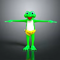 Cartoon Green Frog Character 3D Model With Outstretched Arms And Yellow Shorts