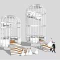 Wedding Ceremony Scene With Large White Birdcage Structures Steps Bride And Groom