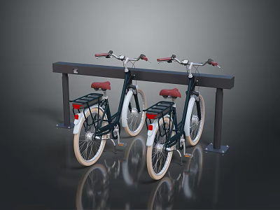 Two Vintage Bicycles Parked On Black Bicycle Rack With Red Seats And White Tires 3d model