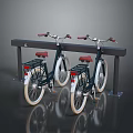 Two Vintage Bicycles Parked On Black Bicycle Rack With Red Seats And White Tires