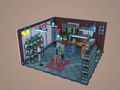Cartoon Style Store Interior with Clothing Racks Shelves Cashier Counter Exit Sign and Character 3d model