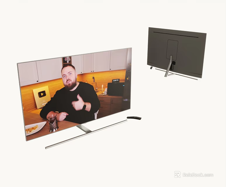 Smart TV Ultra Thin Design With HD Kitchen Scene Display And Metal Stand Front Back View 3d model 