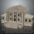 Classical Stone Building With Columns Steps Red Door And Flanking Statues 3d model