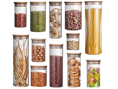 Transparent Food Storage Containers with Various Foods Like Beans Pasta Nuts and Cookies 3d model