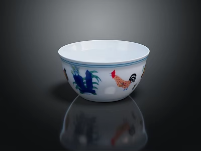 Decorative Tableware Set With White Bowl Blue Rim And Colorful Rooster Plant Patterns 3d model