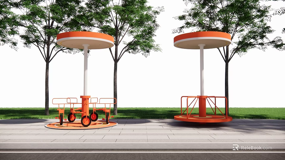 Outdoor Rotating Playground Equipment With Orange Round Canopy Green Trees And Grass Area 3d model 