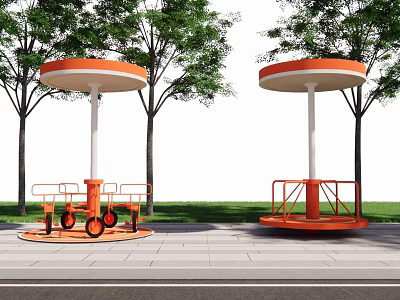 Outdoor Rotating Playground Equipment With Orange Round Canopy Green Trees And Grass Area 3d model
