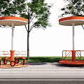 Outdoor Rotating Playground Equipment With Orange Round Canopy Green Trees And Grass Area
