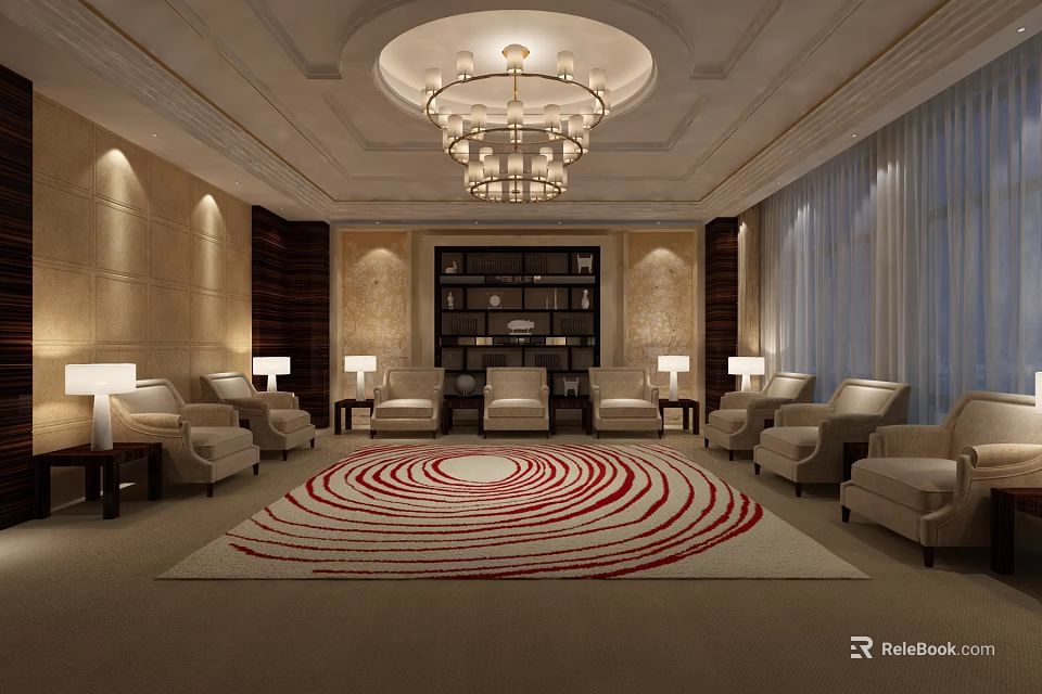 Elegant Modern Lounge Area With Chandelier Sofas Circular Rug Bookshelf And Table Lamps 3d model 