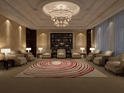 Elegant Modern Lounge Area With Chandelier Sofas Circular Rug Bookshelf And Table Lamps 3d model