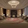 Elegant Modern Lounge Area With Chandelier Sofas Circular Rug Bookshelf And Table Lamps