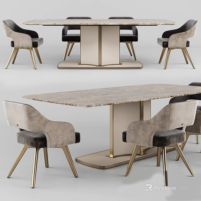 Modern Dining Table Set With Marble Top And Upholstered Metal Leg Chairs 3d model 