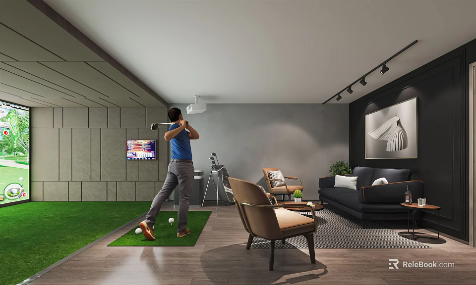 Modern Entertainment Room Design With Indoor Golf On Artificial Turf Area Sofa Chairs And TV 3d model 
