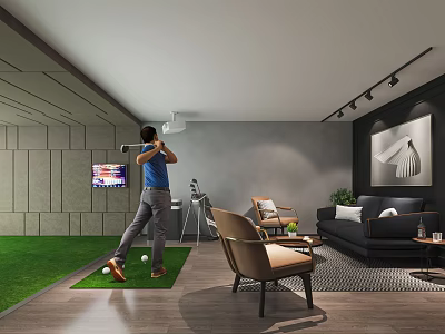 Modern Entertainment Room Design With Indoor Golf On Artificial Turf Area Sofa Chairs And TV 3d model