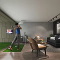Modern Entertainment Room Design With Indoor Golf On Artificial Turf Area Sofa Chairs And TV