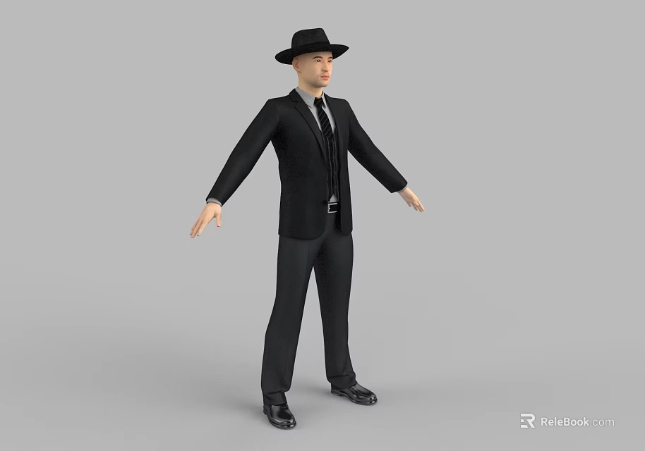 Man in Black Suit and Hat Standing with Arms Outstretched in Studio 3d model 