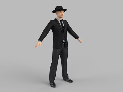 Man in Black Suit and Hat Standing with Arms Outstretched in Studio 3d model