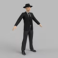 Man in Black Suit and Hat Standing with Arms Outstretched in Studio