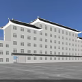 Chinese Style Office Building With Traditional Roof And Large Glass Windows On Urban Street