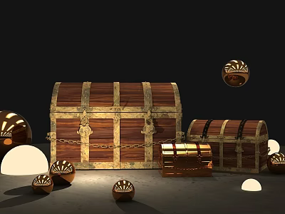 Vintage Decorative Ornament Set With Wooden Chests Metallic Balls And Gold Chains 3d model