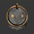 Rusted Industrial Metal Barrel With Top Valves Yellow Band And Hook