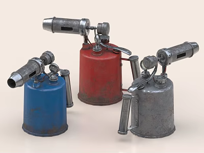 Three Metal Blow Torches In Blue Red Gray With Nozzles And Handles For Home Use 3d model