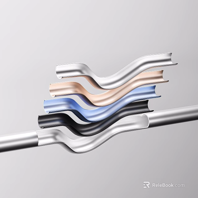 Glossy Stacked Wavy Metal Strips Featuring Silver Blue Pink Black Tones 3d model 