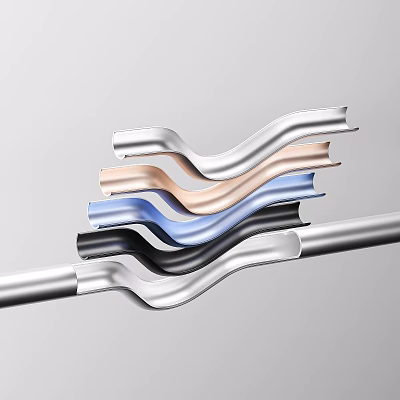 Glossy Stacked Wavy Metal Strips Featuring Silver Blue Pink Black Tones 3d model