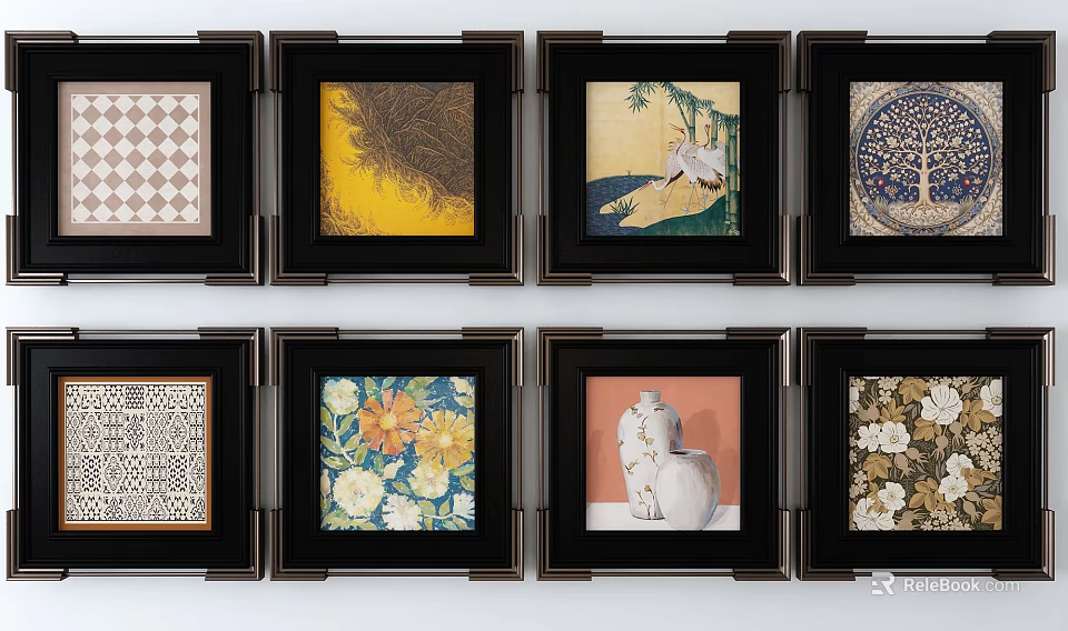 Black Framed Landscape Paintings And Decorative Artworks With Various Styles 3d model 