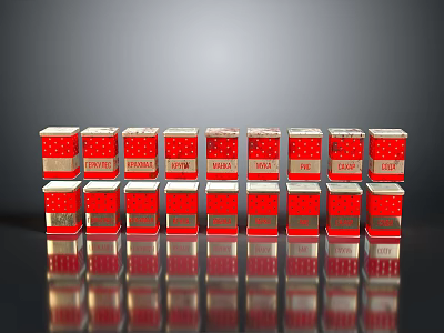 Red Jars With White Labels Neatly Arranged On Gray Background With Reflections 3d model