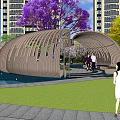 Curved Pergola Design With Purple Tree Modern Building Background And People Resting