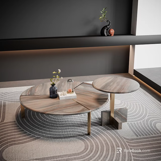 Elegant Round Marble Nesting Coffee Tables With Gold Legs On Wavy Pattern Rug Living Room 3d model 