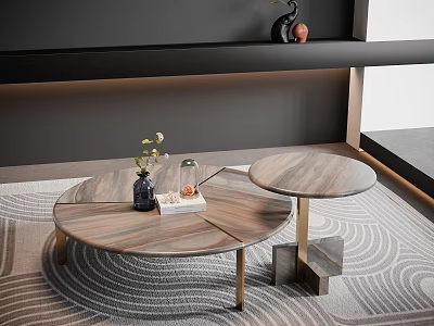 Elegant Round Marble Nesting Coffee Tables With Gold Legs On Wavy Pattern Rug Living Room 3d model