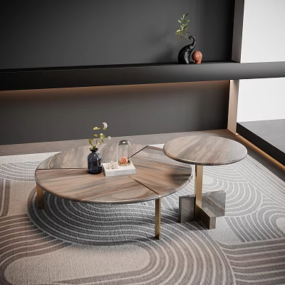 Elegant Round Marble Nesting Coffee Tables With Gold Legs On Wavy Pattern Rug Living Room 3d model