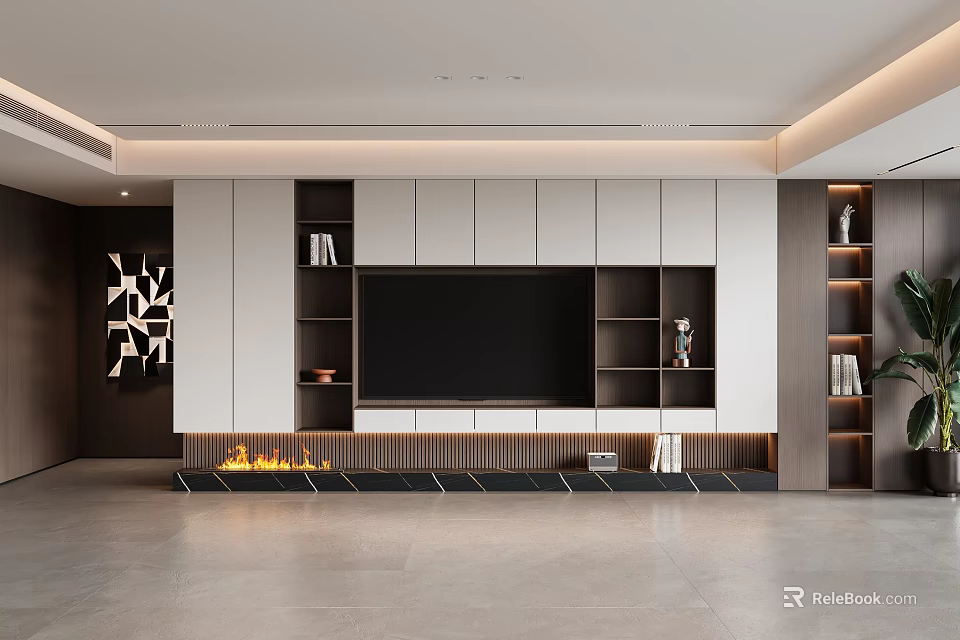 Elegant Modern TV Wall With White Cabinets Black TV Fireplace Decorative Ornaments And Lighting 3d model 