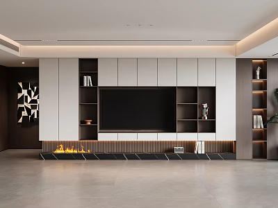 Elegant Modern TV Wall With White Cabinets Black TV Fireplace Decorative Ornaments And Lighting 3d model