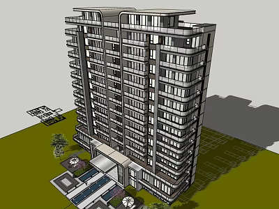 Modern High Rise Residential Building With Glass Facade And Landscaped Grounds 3d model