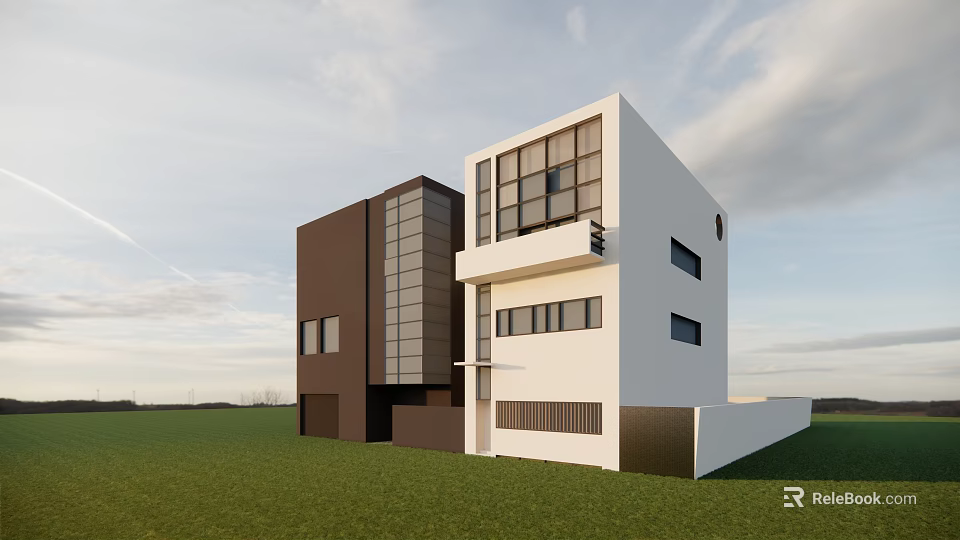 Modern White and Brown Residential Buildings With Large Windows Contemporary Design Green Lawn 3d model 