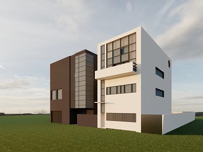 Modern White and Brown Residential Buildings With Large Windows Contemporary Design Green Lawn 3d model