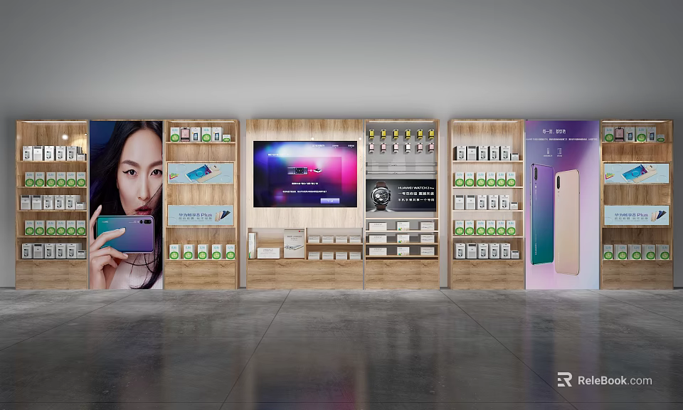Modern Retail Display Shelves With Product Arrangement And Large Screen Showcase 3d model
