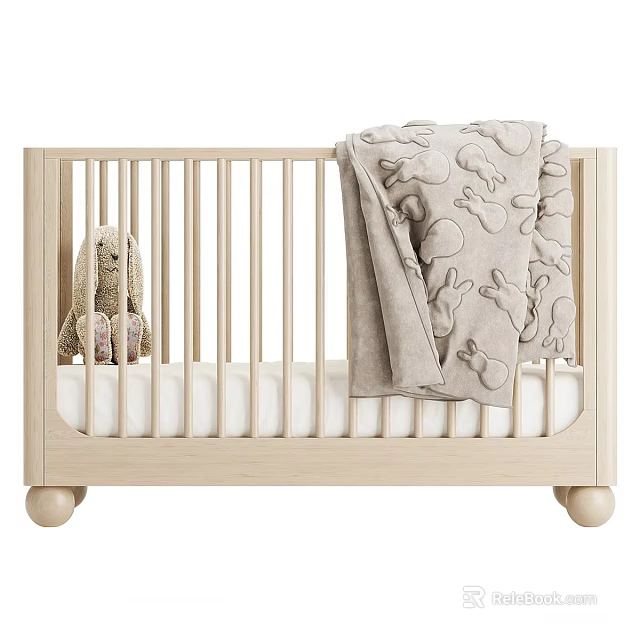 Light Colored Baby Crib with Stuffed Rabbit Toy and Rabbit Patterned Blanket 3d model 