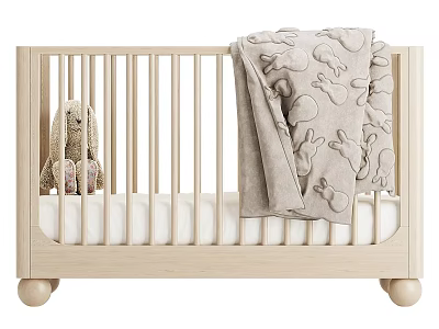 Light Colored Baby Crib with Stuffed Rabbit Toy and Rabbit Patterned Blanket 3d model