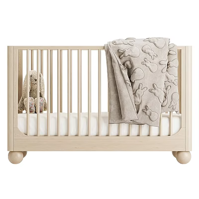 Light Colored Baby Crib with Stuffed Rabbit Toy and Rabbit Patterned Blanket 3d model