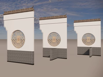 Traditional Chinese Architectural Walls With Circular Carved Windows And Gray Stone Bases 3d model
