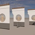Traditional Chinese Architectural Walls With Circular Carved Windows And Gray Stone Bases