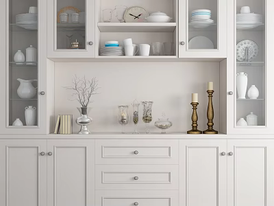 White Sideboard With Glass Doors Displaying Dishes And Decorative Items On Top 3d model