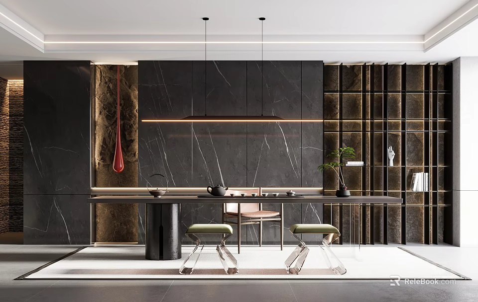 Modern Tea Room Interior With Black Marble Wall Wooden Grille And Green Cushioned Chairs 3d model 