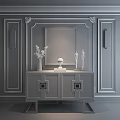 Elegant Black Console Table With Golden Legs Framed Painting And Wall Sconces On Gray Wall